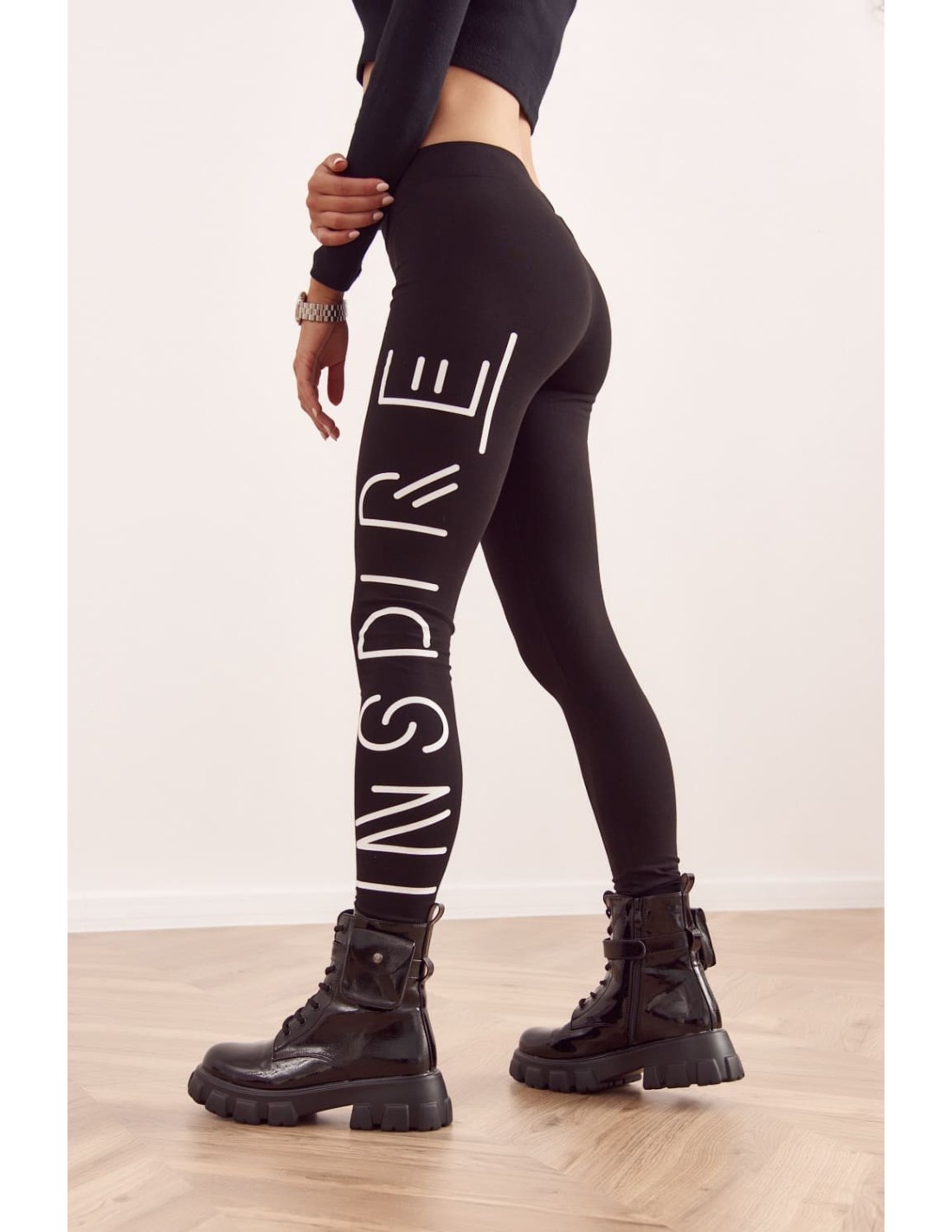 Comfortable leggings with inscriptions, black 19230 - Online store - Boutique